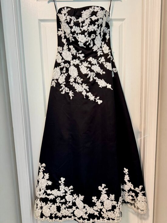Jovani Dresses & Skirts - JOVANI Black Satin Strapless A‑Line Gown—White Lace & Beaded Floral Appliqué — 6